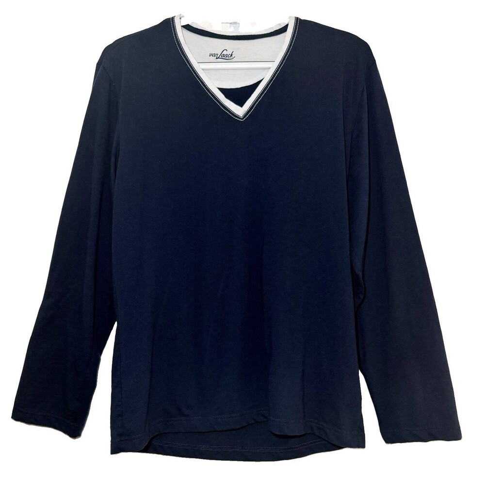 Van Laack Business Class Womens M Navy V Neck Long Sleeve Top White Trim